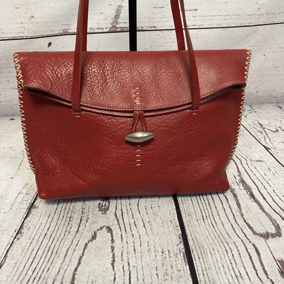 Ellington Red Leather Shoulder Bag Whipstitch Trim Button Closure‎ - Picture 2 of 15